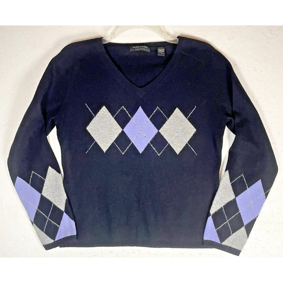 Valerie Stevens 2 Ply Cashmere Sweater Size M Black Purple Argyle Rhinestone Vtg - Picture 2 of 9